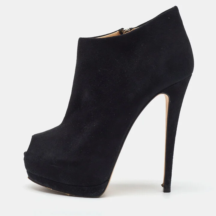 Giuseppe Zanotti Black Suede Peep Toe Platform Ankle Booties Size 38