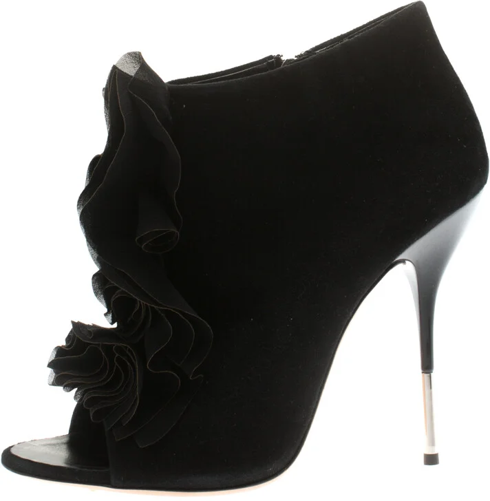 Giuseppe Zanotti Black Suede Peep Toe Silk Ruffle Detail Ankle Booties Size 40.5