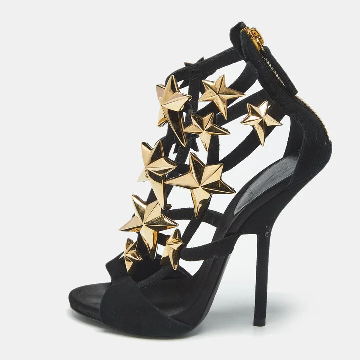 Giuseppe Zanotti Black Suede Star Embellished Ankle Strap Sandals Size 36