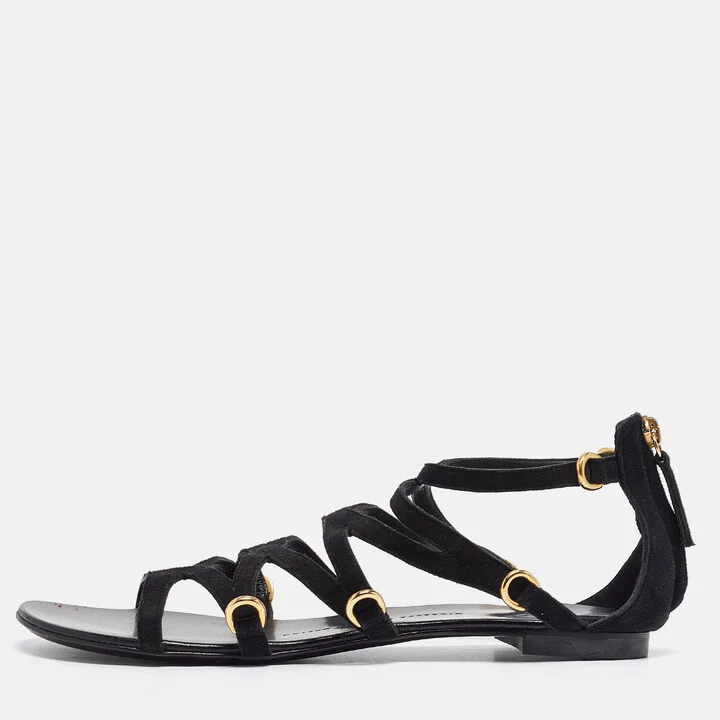 Giuseppe Zanotti Black Suede Strappy Flat Sandals Size 38