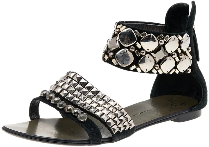 Giuseppe Zanotti Black Suede Studded Ankle Cuff Flat Sandals Size 36