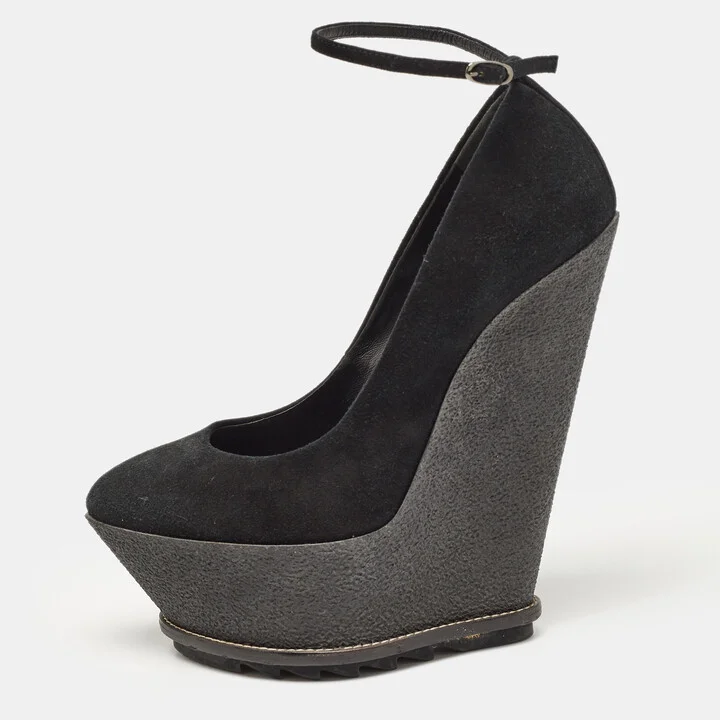 Giuseppe Zanotti Black Suede Wedge Platform Ankle Strap Pumps Size 39