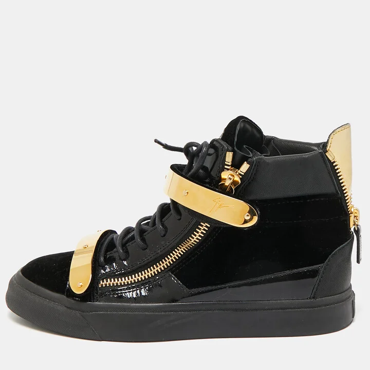 Giuseppe Zanotti Black Velvet And Patent Leather Coby High Top Sneakers Size 39