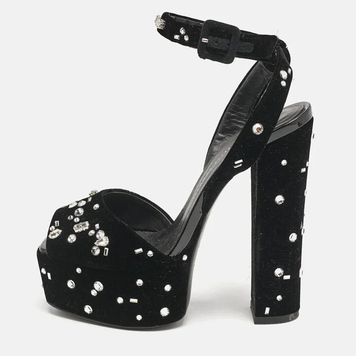 Giuseppe Zanotti Black Velvet Crystal Embellished Ankle Strap Platform Sandals Size 36