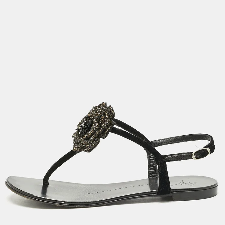 Giuseppe Zanotti Black Velvet Crystal Embellished Flower Flat Thong Sandals Size 36