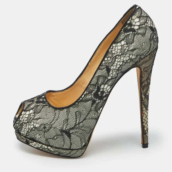 Giuseppe Zanotti Black/White Floral Lace Peep Toe Platform Pumps Size 41