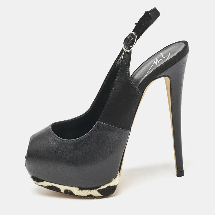 Giuseppe Zanotti Black/White Leather Peep Toe Slingback Pumps Size 35
