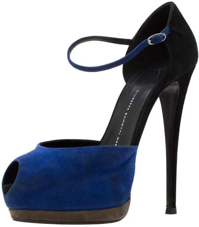 Giuseppe Zanotti Blue/Black Suede Peep Toe Ankle Strap Platform Sandals Size 39