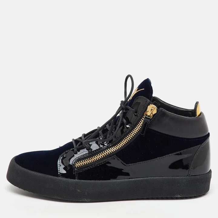 Giuseppe Zanotti Blue/Black Velvet and Patent Frankie High Top Sneakers Size 45