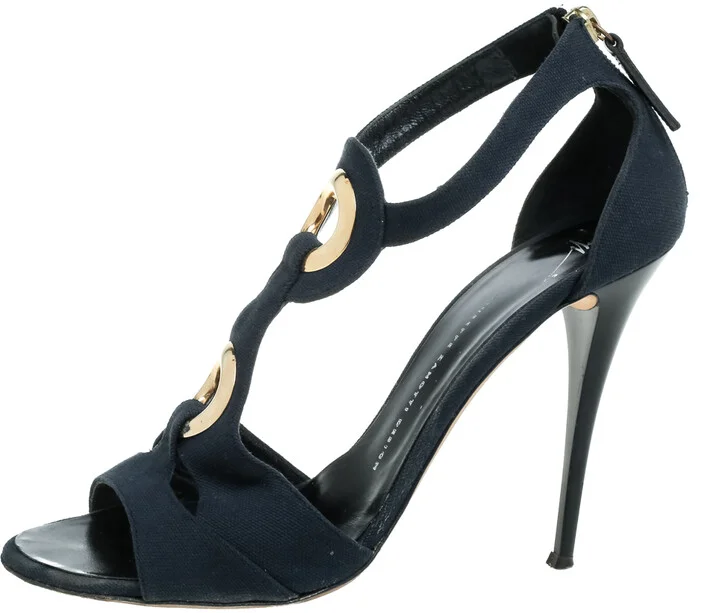 Giuseppe Zanotti Blue Canvas Embellished Cutout T Strap Zipper Sandals Size 40