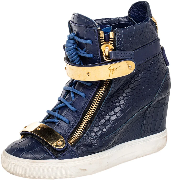 Giuseppe Zanotti Blue Croc Embossed Leather Coby Wedge Sneakers Size 38.5