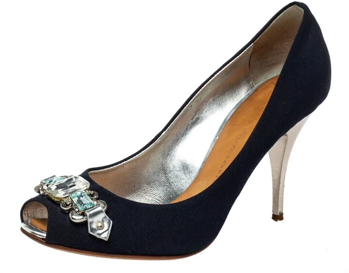 Giuseppe Zanotti Blue Fabric Embellished Peep Toe Pumps Size 38.5