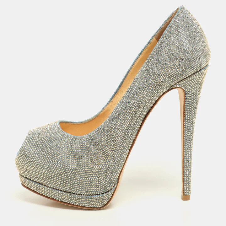 Giuseppe Zanotti Blue/Gold Studded Denim Peep Toe Platform Pumps Size 38