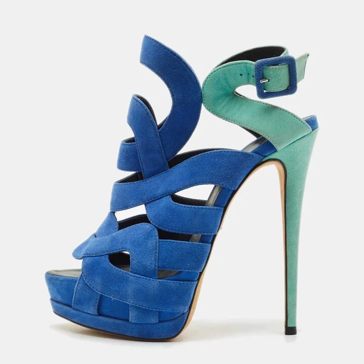 Giuseppe Zanotti Blue/Green Suede Cutout Caged Strappy Platform Sandals Size 39