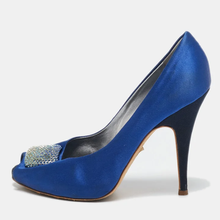 Giuseppe Zanotti Blue Satin Crystal Embellished Peep Toe Platform Pumps Size 37