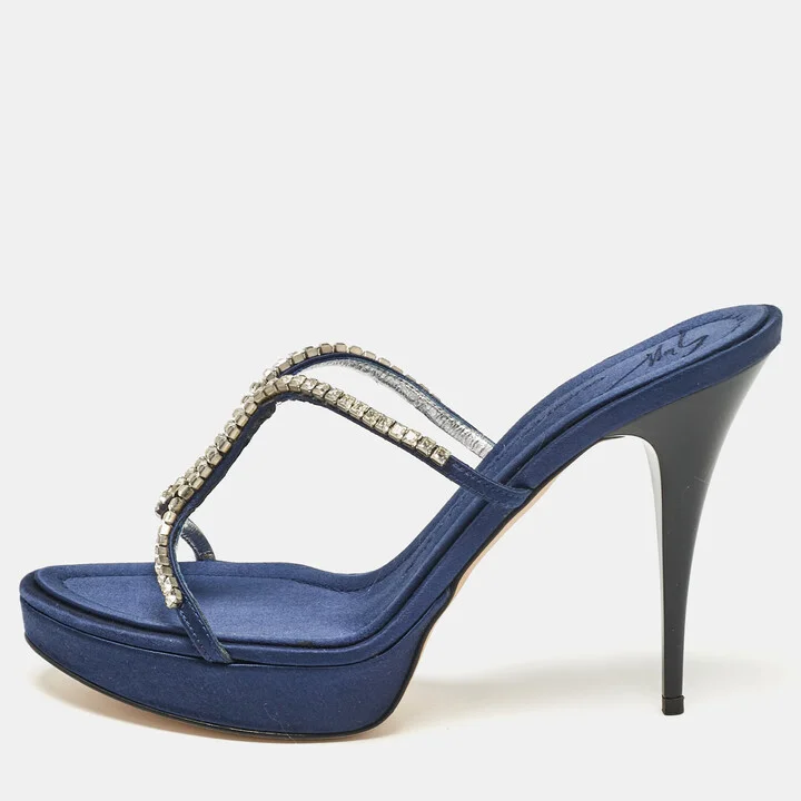 Giuseppe Zanotti Blue Satin Crystal Embellished Platform Slide Sandals Size 39