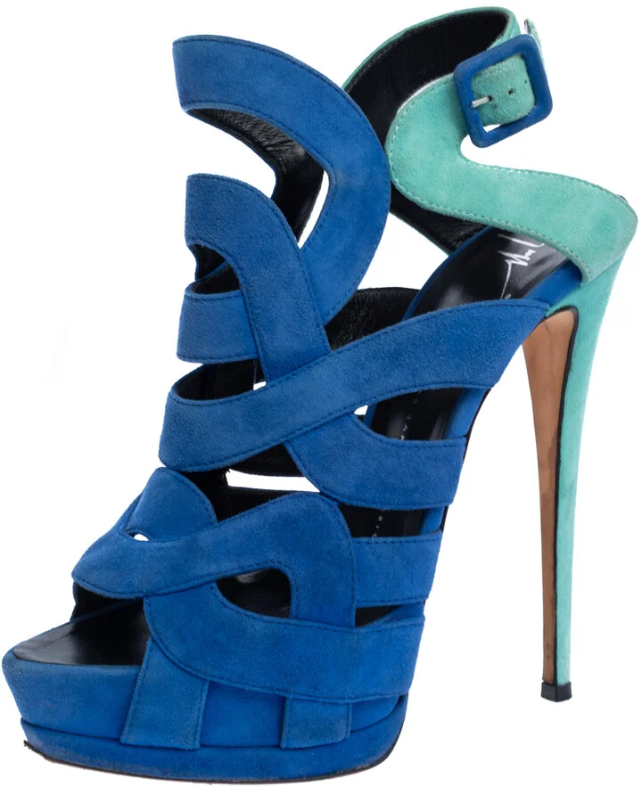 Giuseppe Zanotti Blue Suede Cutout Caged Slingback Sandals Size 40