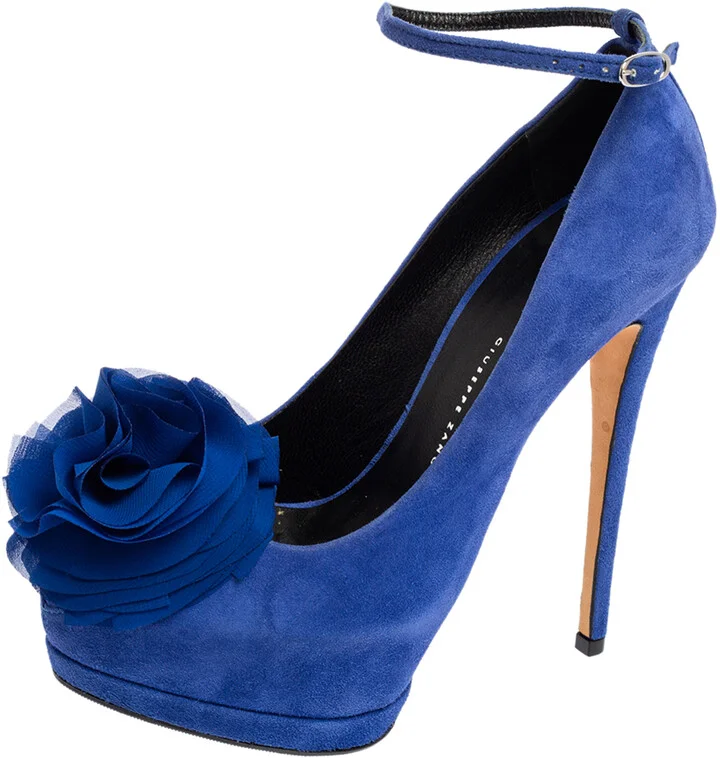 Giuseppe Zanotti Blue Suede Flower Detailed Peep Toe Platform Pumps Size 36.5