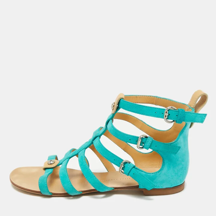 Giuseppe Zanotti Blue Suede Strappy Flat Sandals Size 38.5