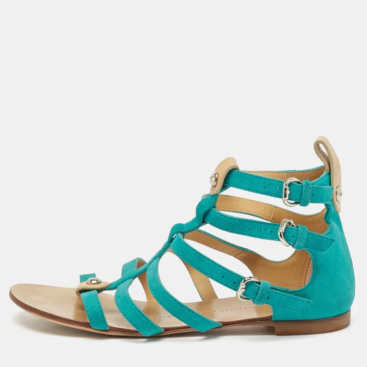 Giuseppe Zanotti Blue Suede Strappy Flat Slides Size 36