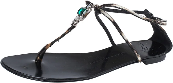 Giuseppe Zanotti Brown/Beige Pony Hair Crystal Embellished Strappy Flat Sandals Size 41