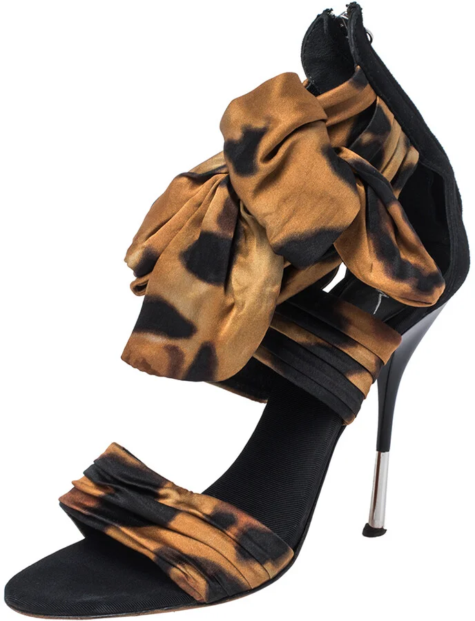 Giuseppe Zanotti Brown/Black Fabric And Leather Bow Ankle Cuff Sandals Size 38