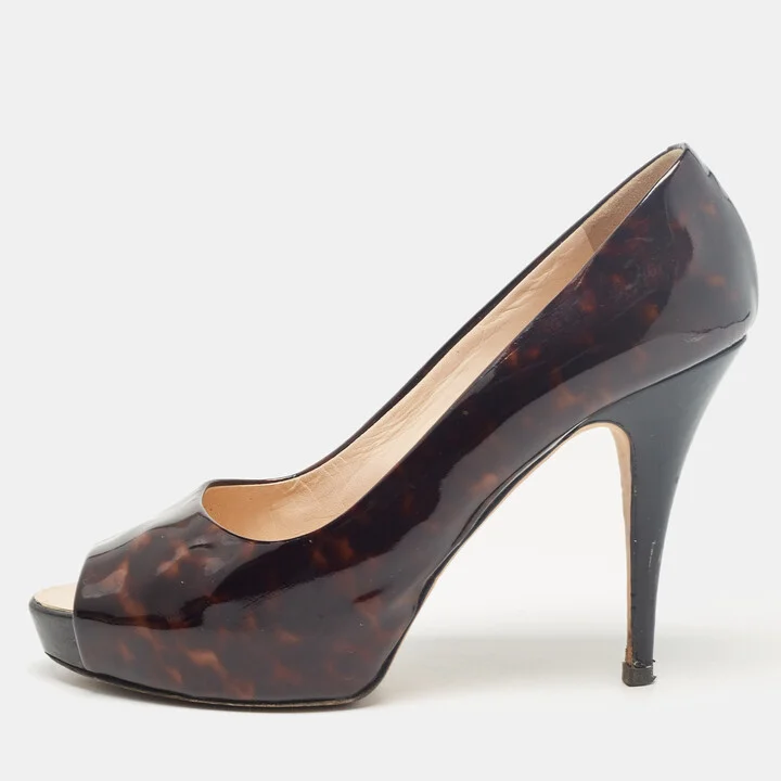Giuseppe Zanotti Brown/Black Printed Patent Leather Peep Toe Pumps Size 38.5
