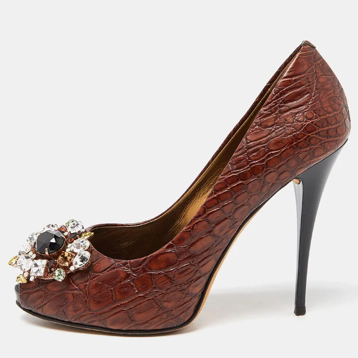 Giuseppe Zanotti Brown Croc Embossed Leather Crystal Embellished Peep Toe Pumps Size 37