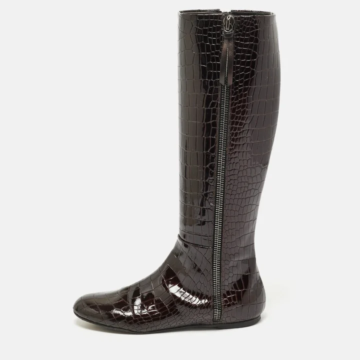 Giuseppe Zanotti Brown Croc Embossed Patent Leather Ringotto Knee Length Boots Size 38.5