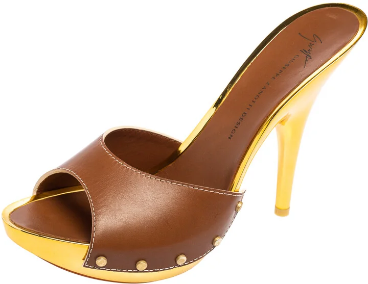 Giuseppe Zanotti Brown/Gold Leather Slide Clogs Size 41