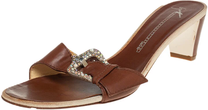 Giuseppe Zanotti Brown Leather Buckle Detail Slide Sandals Size 40