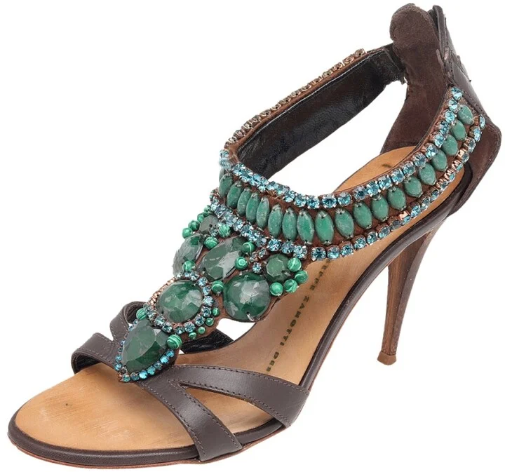 Giuseppe Zanotti Brown Leather Crystal Embellished Ankle Strap Sandals Size 35