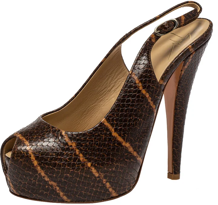 Giuseppe Zanotti Brown Python Embossed Leather Platform Peep Toe Slingback Sandals Size 37
