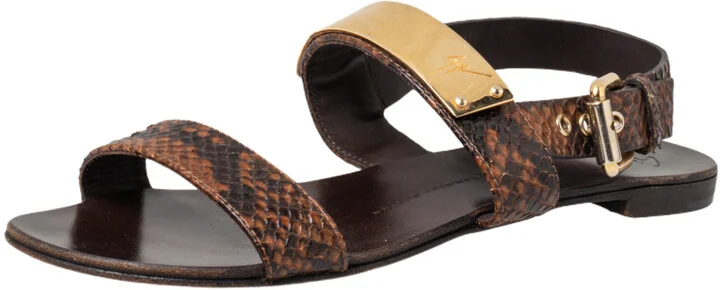 Giuseppe Zanotti Brown Python Embossed Leather Slingback Flat Sandals Size 39