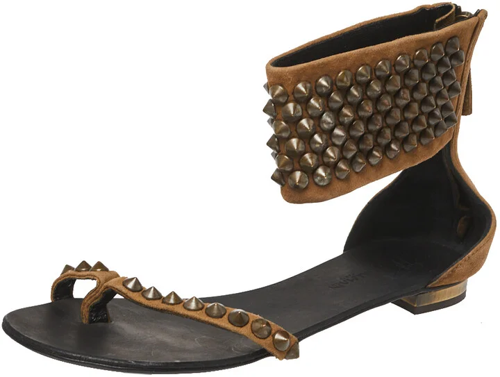 Giuseppe Zanotti Brown Suede Leather Studded Toe Ring Sandals Size 38.5