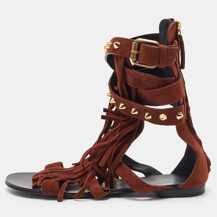 Giuseppe Zanotti Brown Suede Studded Fringe Gladiator Flat Sandals Size 37.5
