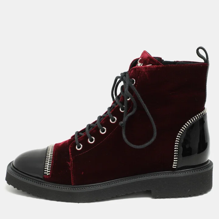 Giuseppe Zanotti Burgundy/Black Velvet and Patent Leather Ankle Boots Size 39.5
