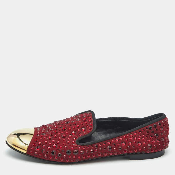 Giuseppe Zanotti Burgundy Suede Cap Toe Crystals Embellished Smoking Slippers Size 41