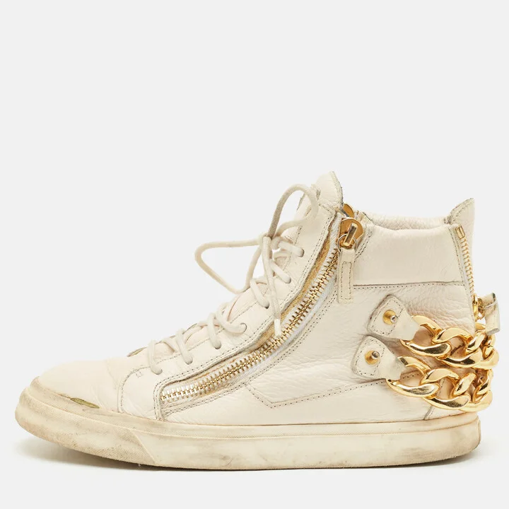 Giuseppe Zanotti Cream Leather Chain Detail High Top Sneakers Size 39.5