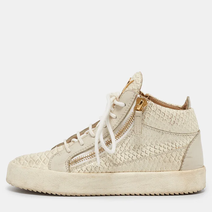 Giuseppe Zanotti Cream Python Embossed Leather Double Zip High Top Sneakers Size 37