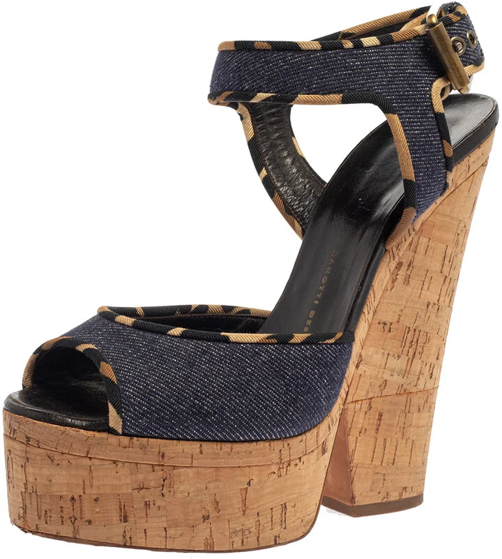 Giuseppe Zanotti Dark Wash Denim Cork Heel Platform Wedge Sandals Size 39