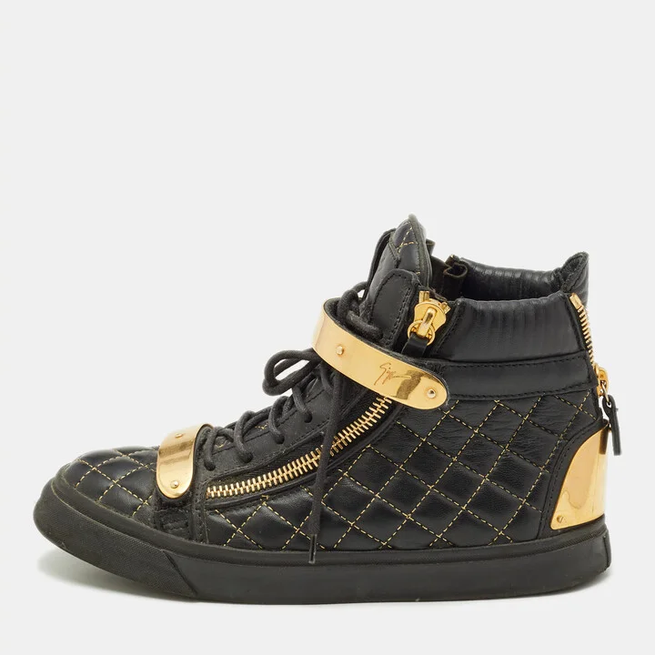 Giuseppe Zanotti Gold/Black Leather Coby High Top Sneakers Size 39
