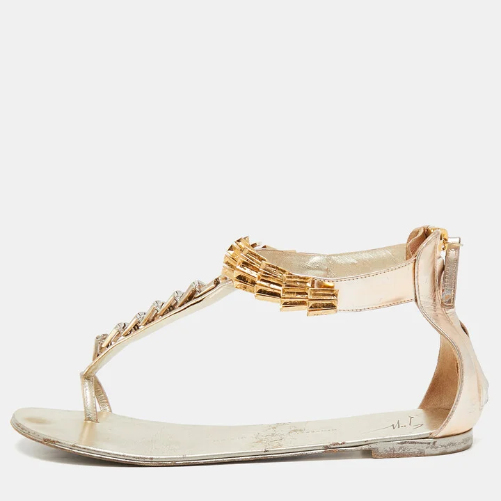 Giuseppe Zanotti Gold Leather Embellished Ankle Strap Flat Sandals Size 41