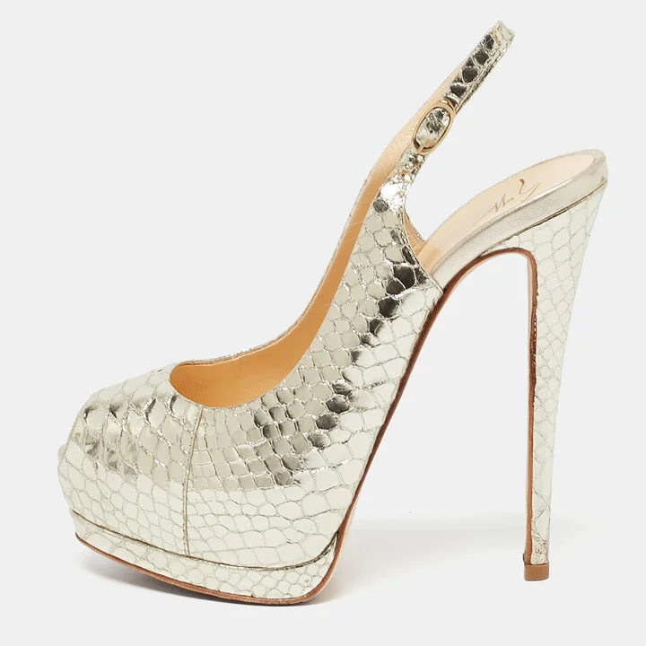 Giuseppe Zanotti Gold Python Embossed Leather Peep Toe Slingback Sandals Size 37.5