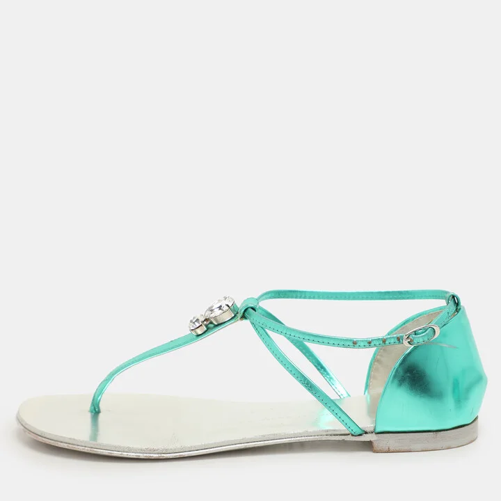 Giuseppe Zanotti Green Leather Embellished Flat Sandals Size 36