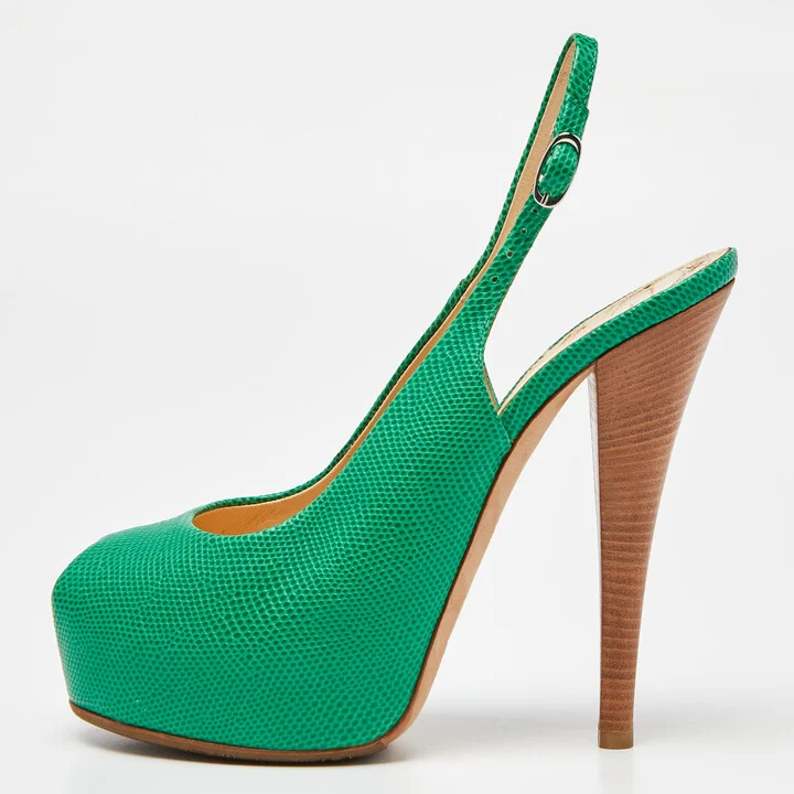 Giuseppe Zanotti Green Lizard Embossed Leather Slingback Sandals Size 39