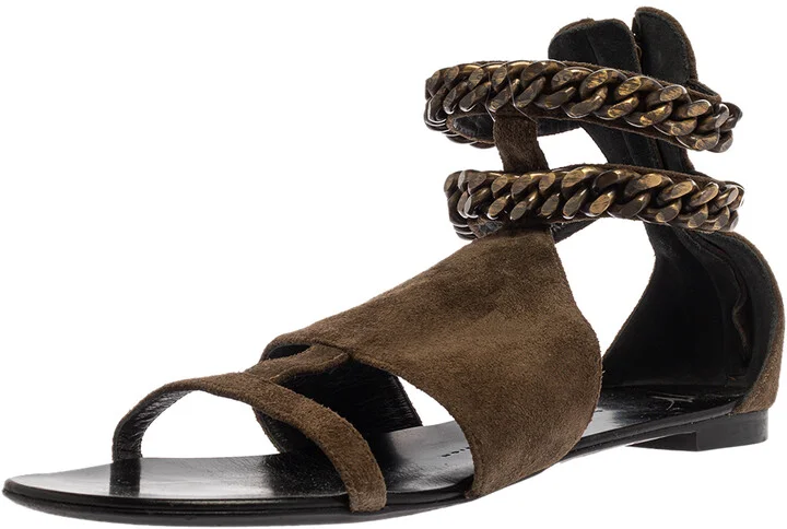 Giuseppe Zanotti Green Suede Chained Ankle Strap Flat Sandals Size 40