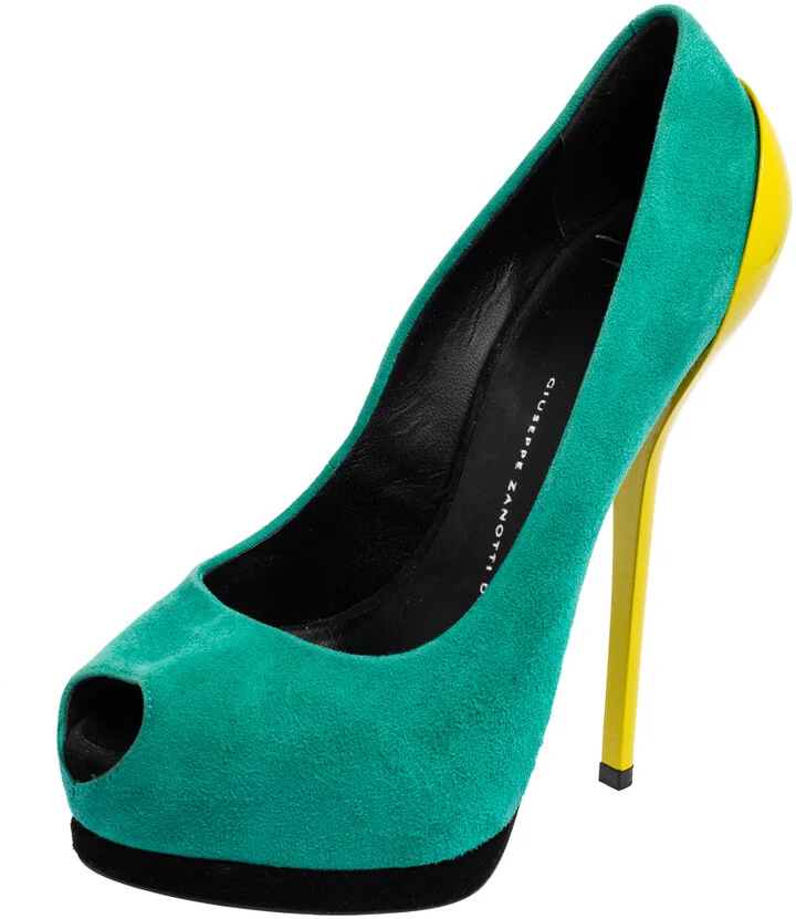Giuseppe Zanotti Green/Yellow Suede And Patent Leather Peep Toe Platform Pumps Size 37