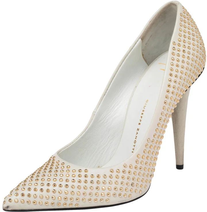 Giuseppe Zanotti Grey Leather Stud Embellished Pointed Toe Pumps Size 36.5