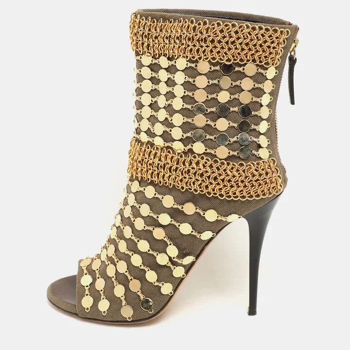 Giuseppe Zanotti Khaki Canvas Chain Embellished Mid Calf Boots Size 36